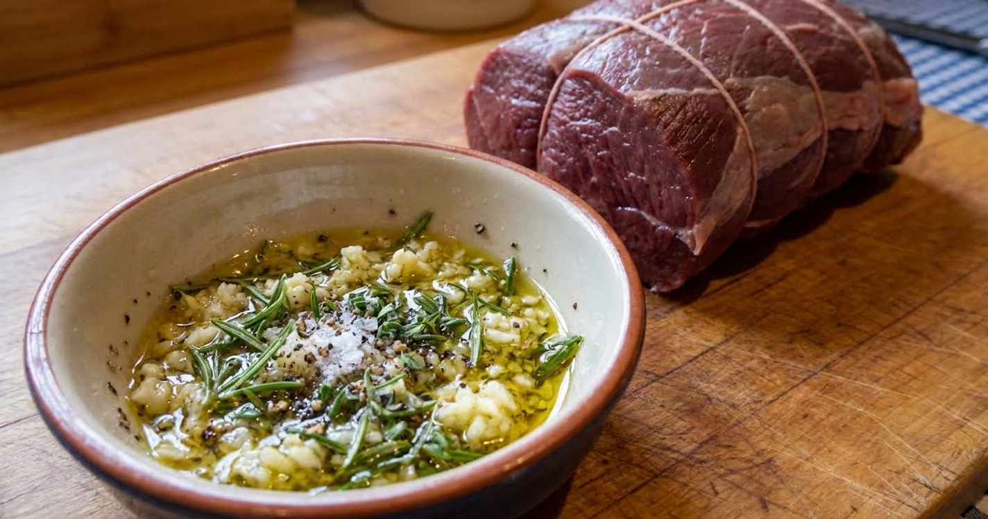 A small bowl of garlic herb rub with minced garlic, rosemary, thyme, salt, pepper, and olive oil next to a venison roast on a cutting board