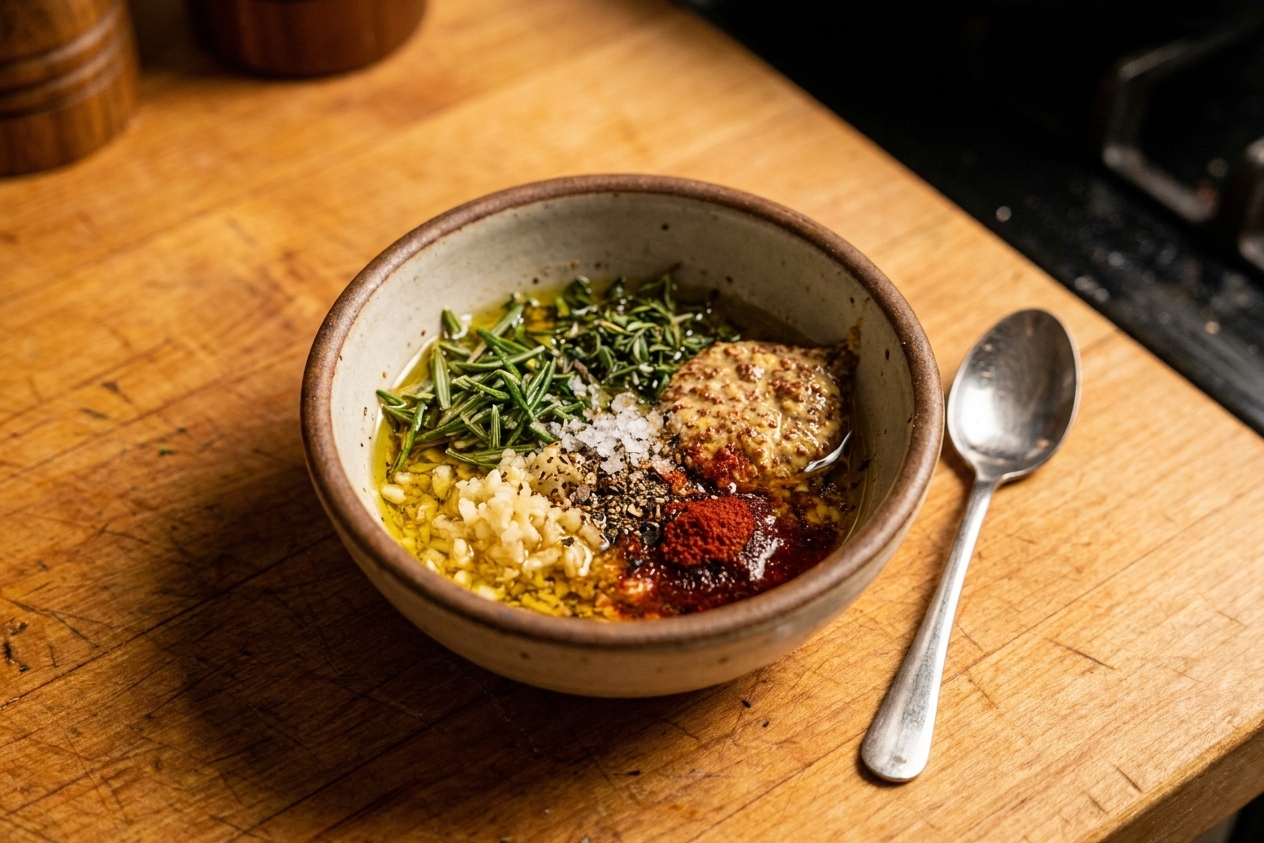 A small bowl of garlic herb rub with rosemary, thyme, Dijon mustard, olive oil, salt, pepper, and paprika on a warm-lit kitchen counter with a spoon beside it