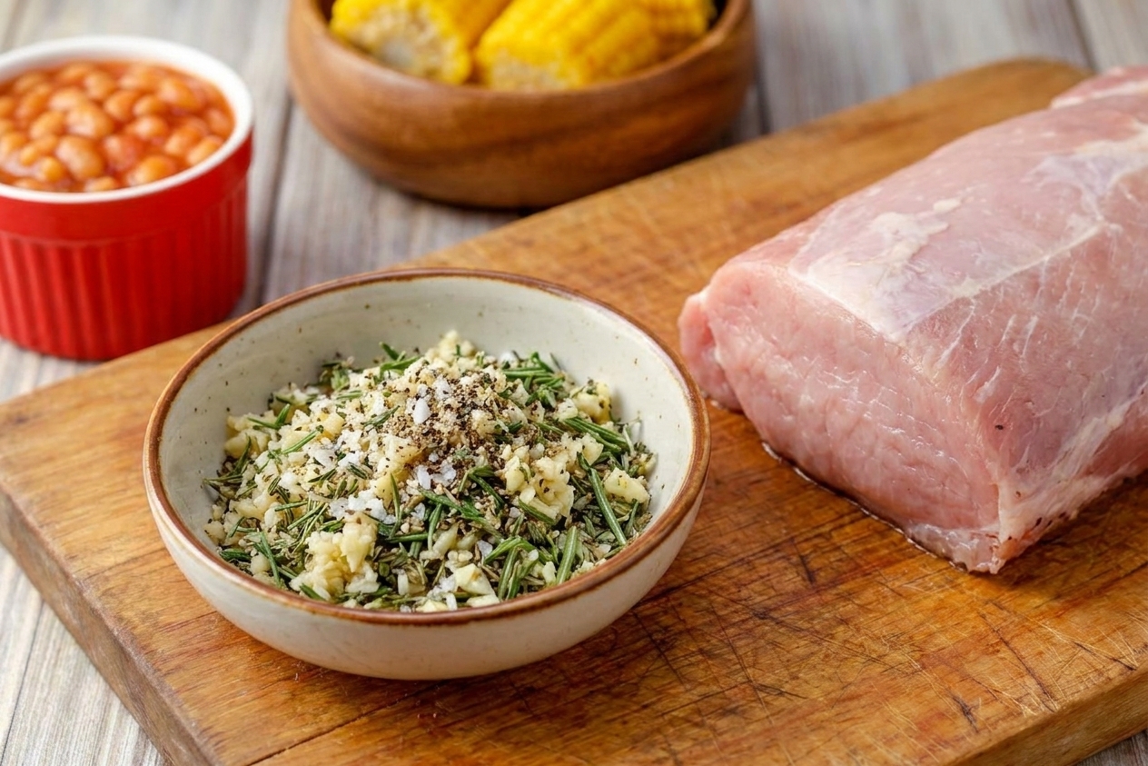 A small bowl of garlic herb spice rub next to a pork loin on a cutting board, ready to be seasoned