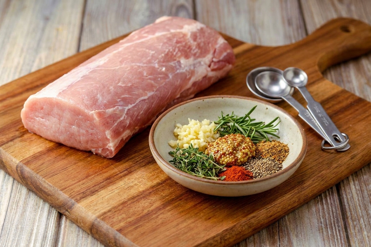 A small bowl of garlic, herbs, mustard, and spices next to a pork loin on a cutting board with measuring spoons nearby