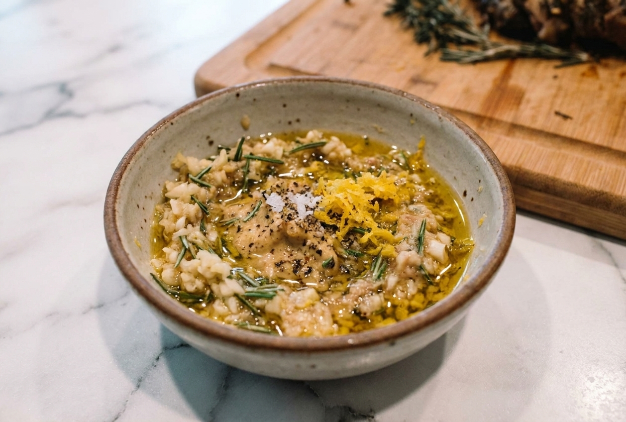 A small bowl of garlic, rosemary, Dijon mustard, lemon zest, olive oil, salt, and pepper mixed into a thick paste on a kitchen counter