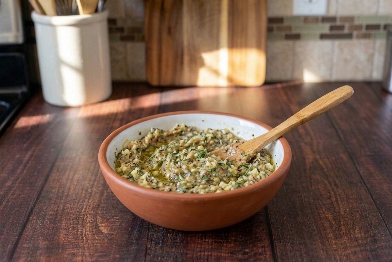 A small bowl of garlic, rosemary, thyme, Dijon, olive oil, salt, and pepper mixed into a paste on a kitchen counter