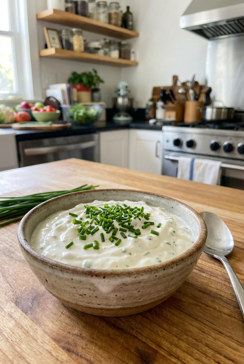 A small bowl of garlic sour cream dip topped with chives