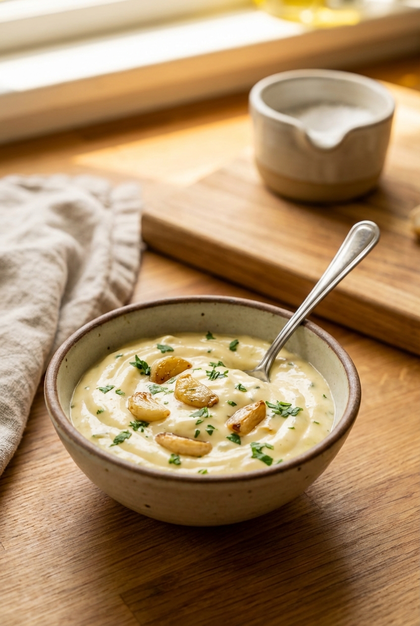 A small bowl of garlicky aioli with a spoon on a kitchen counter