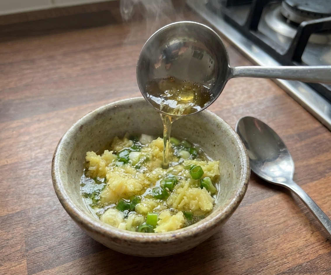 A small bowl of ginger scallion sauce with hot oil freshly poured over, sitting on a kitchen counter with a spoon