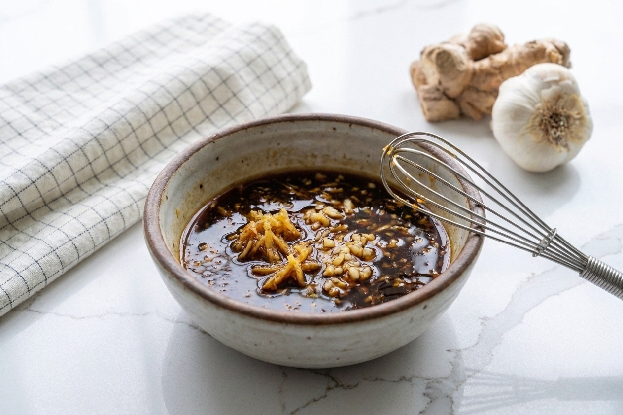 A small bowl of ginger-soy sauce with grated ginger and minced garlic visible, sitting on a kitchen counter beside a whisk