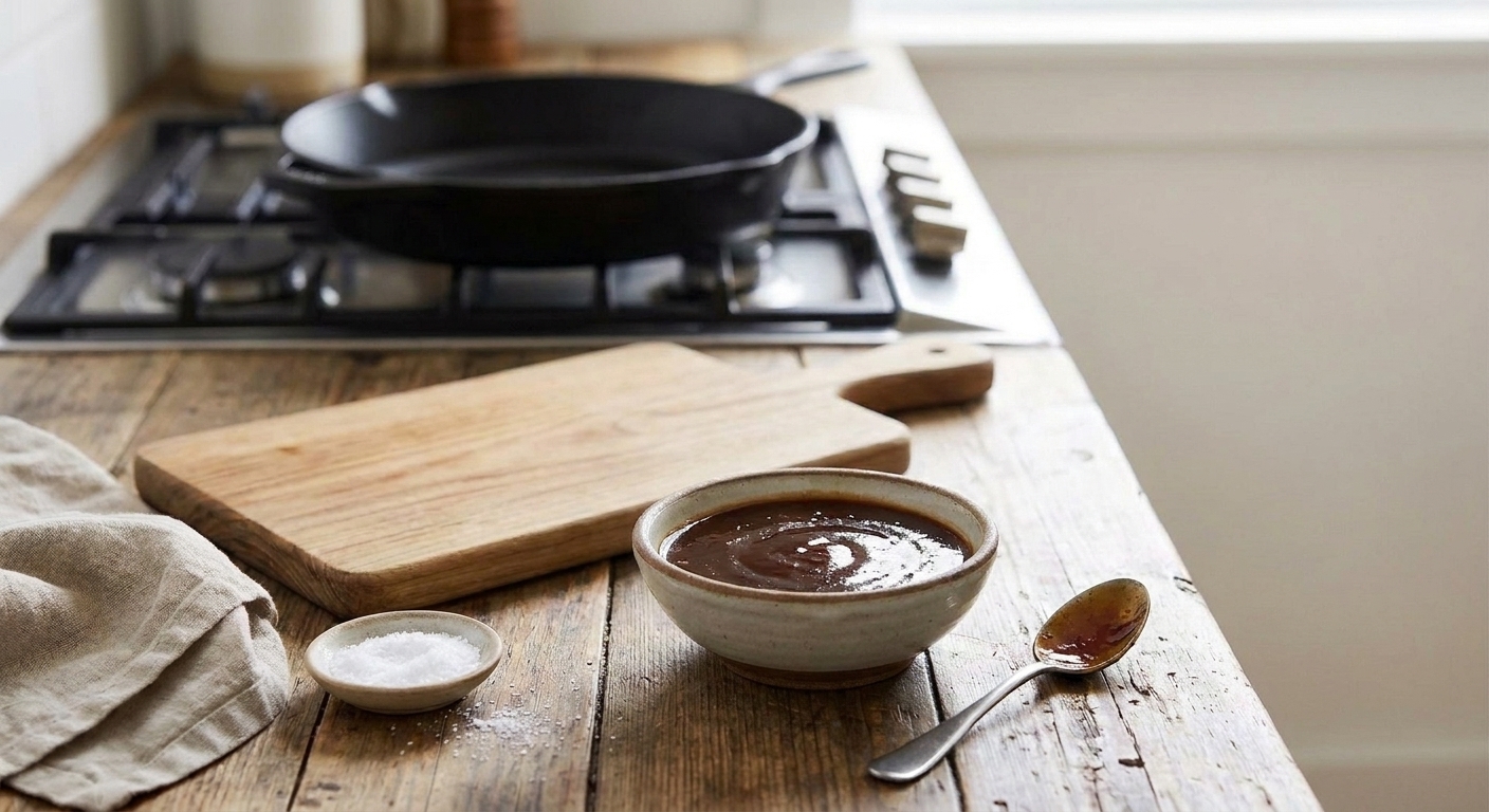 A small bowl of glossy Korean BBQ sauce on a light kitchen counter with a spoon resting beside it, warm natural light