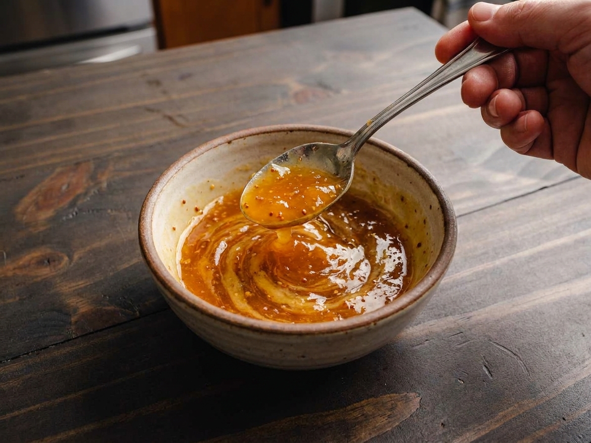 A small bowl of glossy apricot and Dijon sauce being whisked with a spoon on a kitchen counter