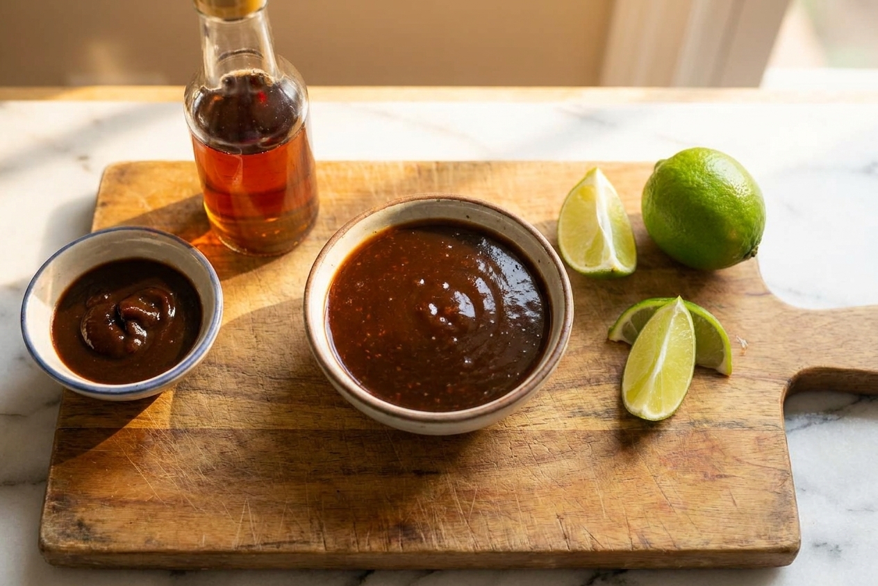 A small bowl of glossy brown pad thai sauce on a wooden cutting board beside tamarind concentrate, fish sauce, and lime on a warm kitchen counter