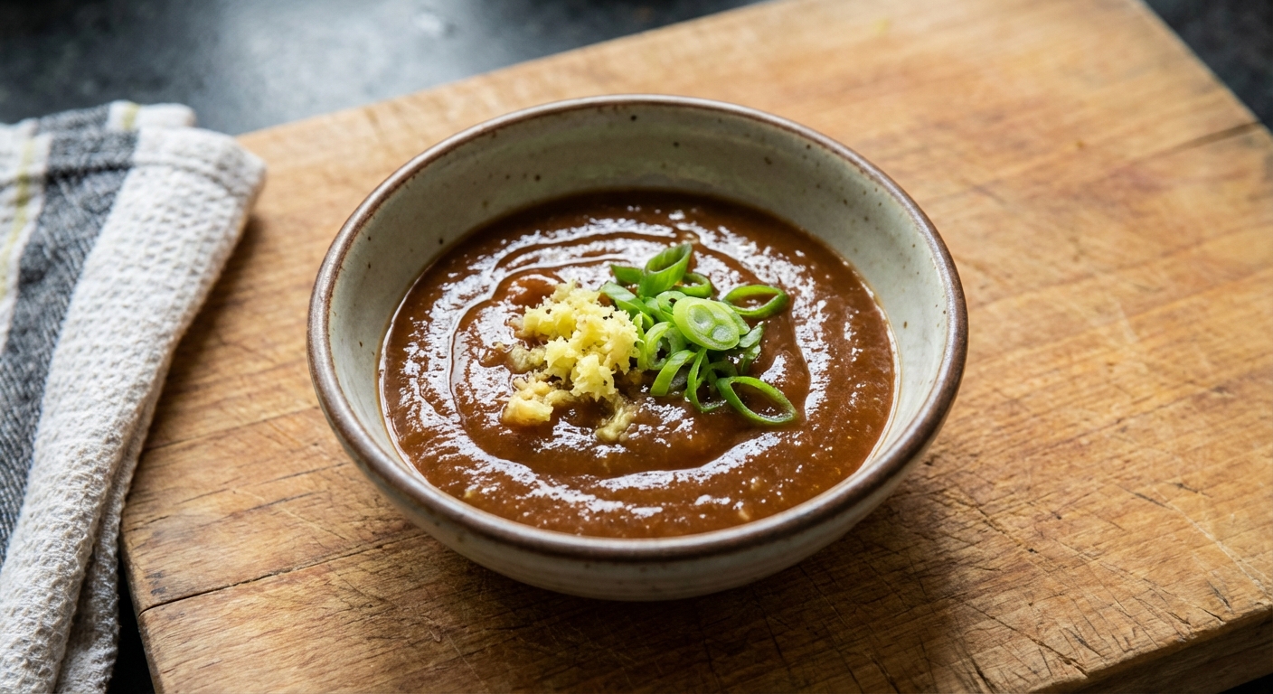 A small bowl of glossy brown sauce with grated ginger and sliced scallions on a wooden cutting board
