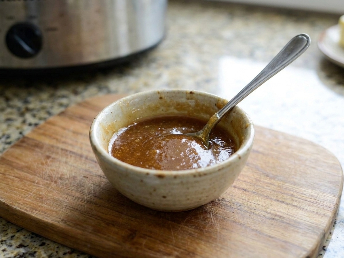 A small bowl of glossy brown sugar pineapple glaze with a spoon resting inside on a wooden cutting board