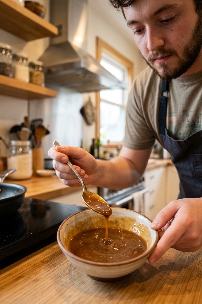 A small bowl of glossy brown yakisoba sauce being whisked with a spoon on a kitchen counter