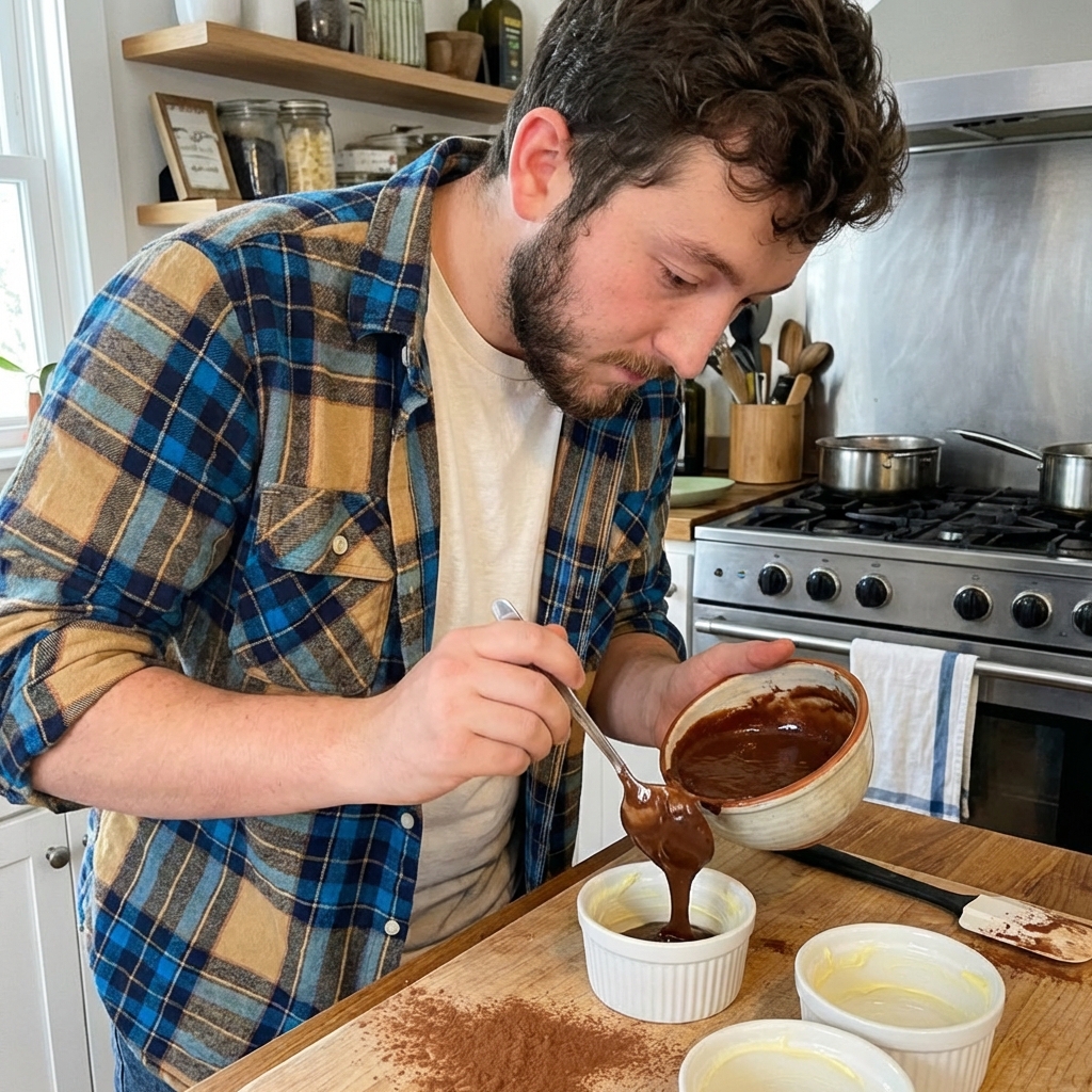 A small bowl of glossy chocolate batter being spooned into a buttered ramekin on a kitchen counter