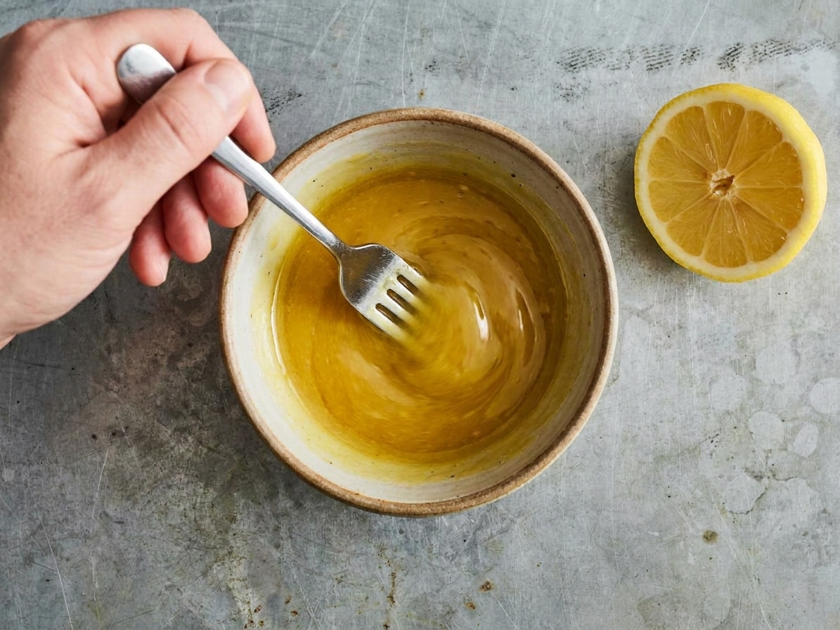 A small bowl of glossy honey Dijon lemon sauce being whisked with a fork on a kitchen counter beside a halved lemon
