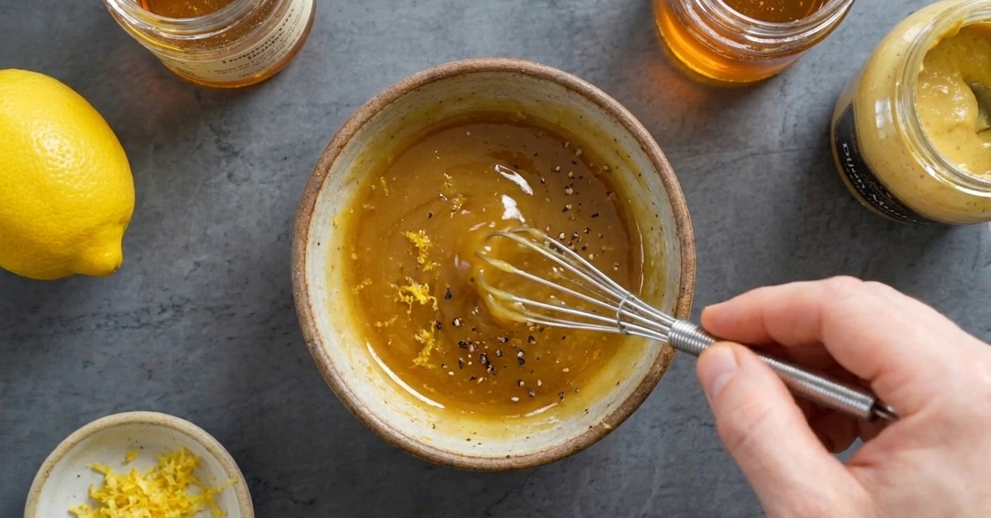 A small bowl of glossy honey mustard glaze being whisked with visible lemon zest on a kitchen counter