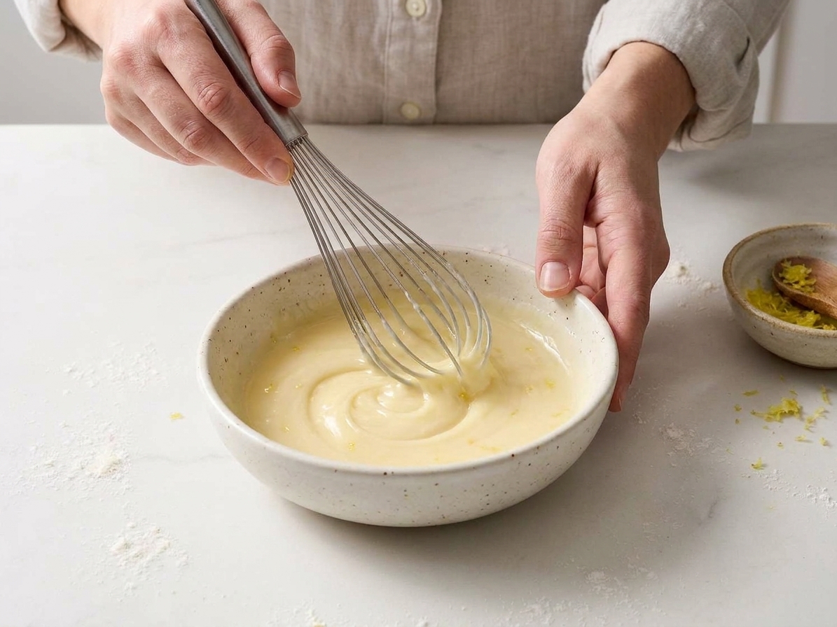 A small bowl of glossy lemon glaze being whisked until smooth on a kitchen counter