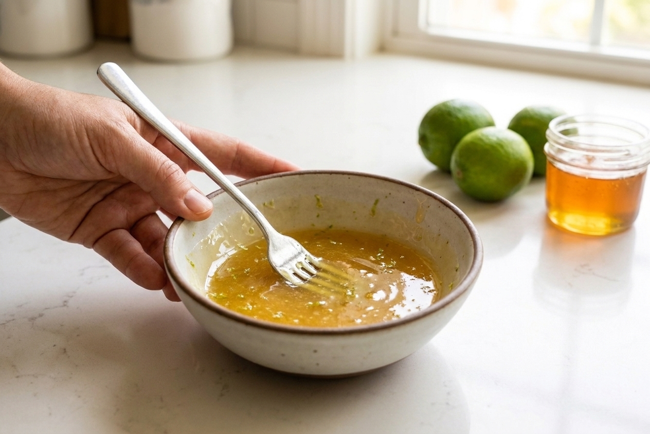 A small bowl of glossy lime-honey glaze being whisked with a fork on a kitchen counter