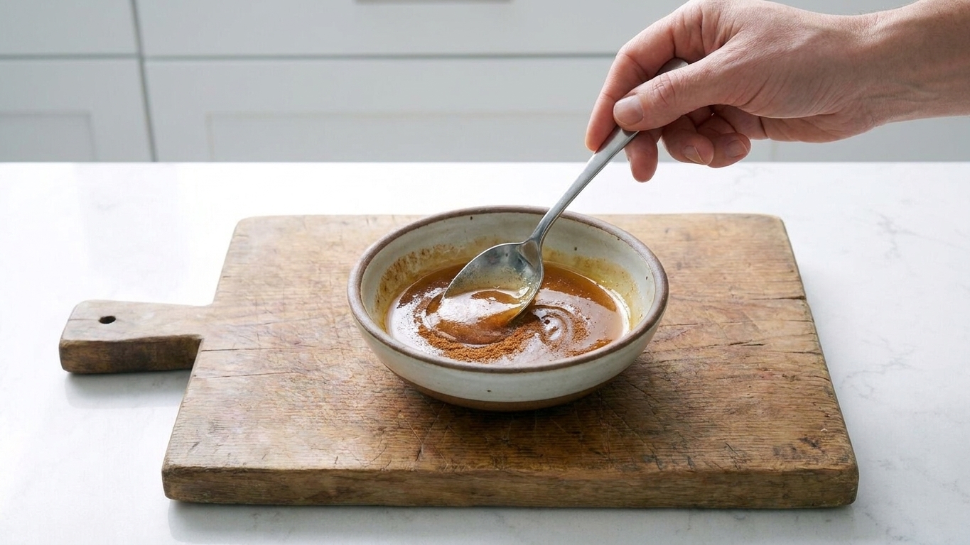 A small bowl of glossy maple butter glaze being stirred with cinnamon on a wooden countertop