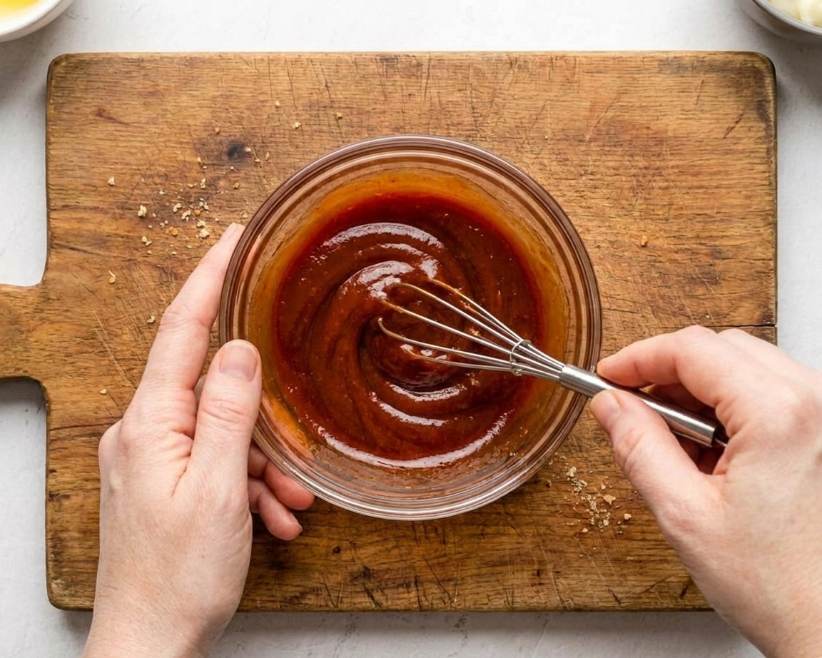 A small bowl of glossy meatloaf glaze being whisked on a wooden cutting board