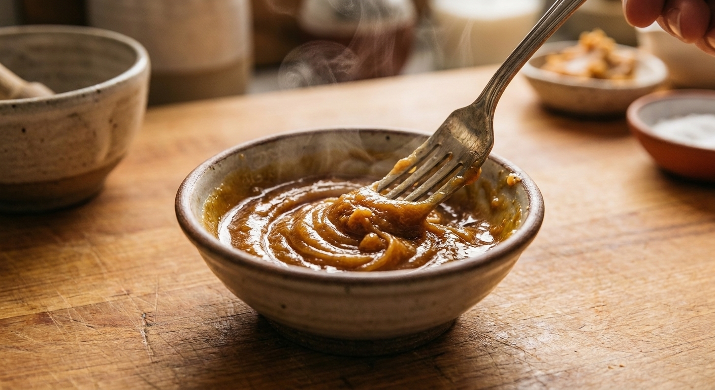 A small bowl of glossy miso butter being whisked with a fork on a kitchen counter