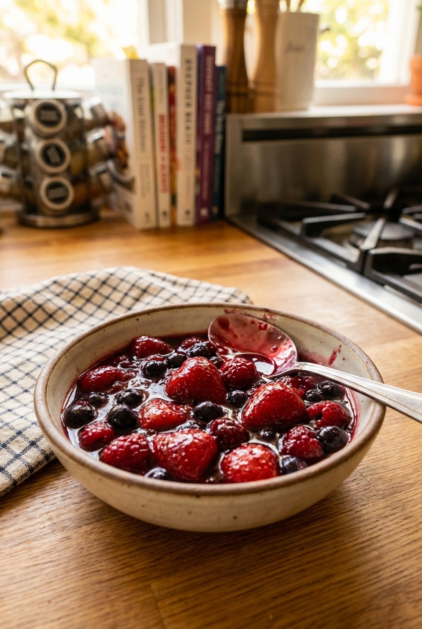 A small bowl of glossy mixed berry compote with a spoon