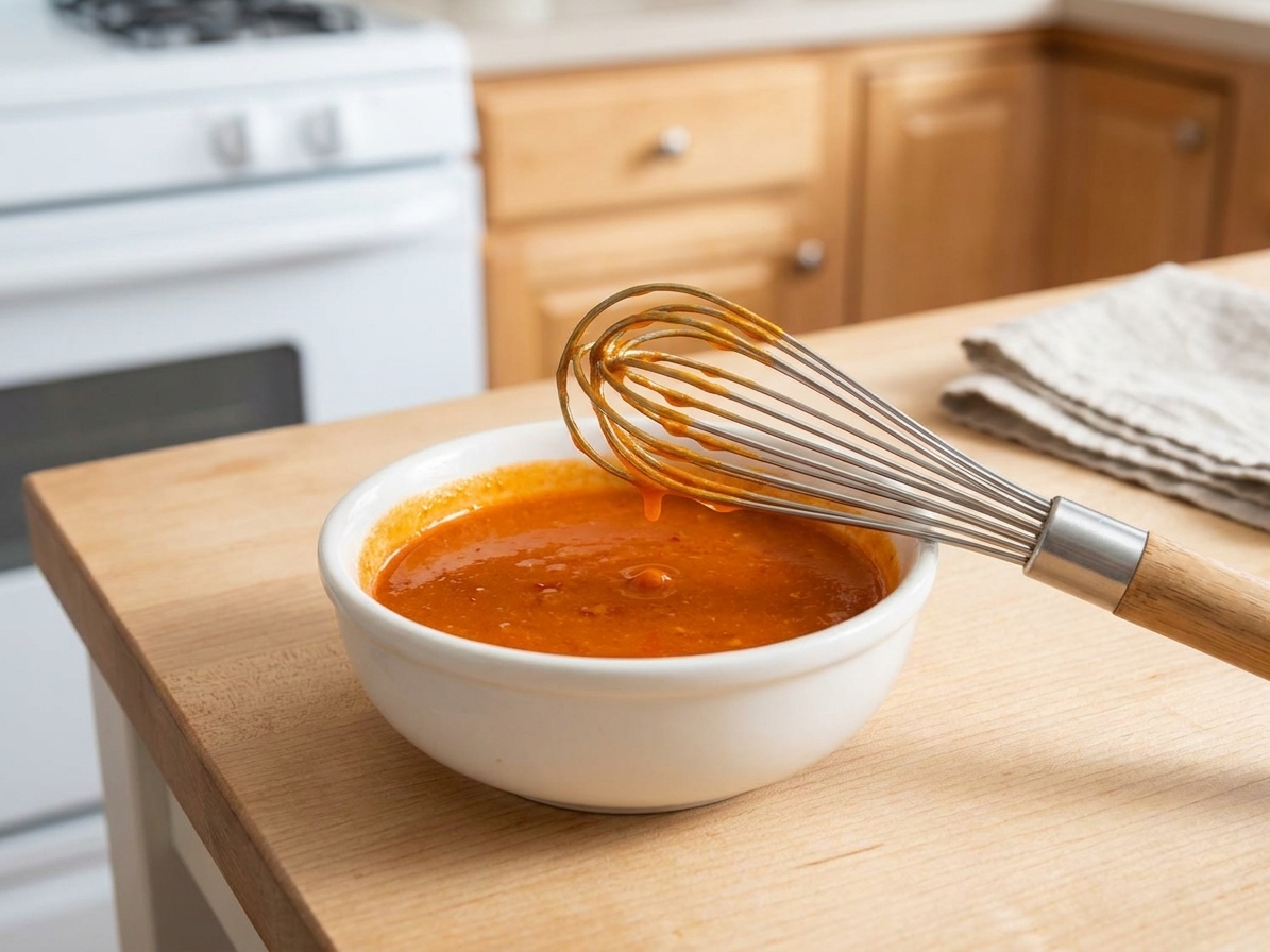 A small bowl of glossy orange Buffalo wing sauce with a whisk resting on the rim on a kitchen counter