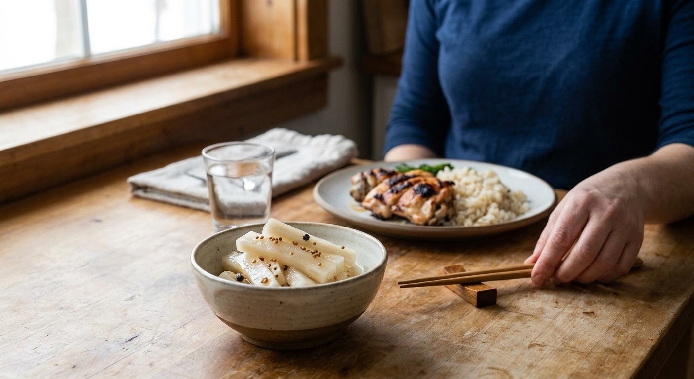 A small bowl of glossy pickled daikon sticks on a table next to chopsticks and a simple weeknight dinner setting