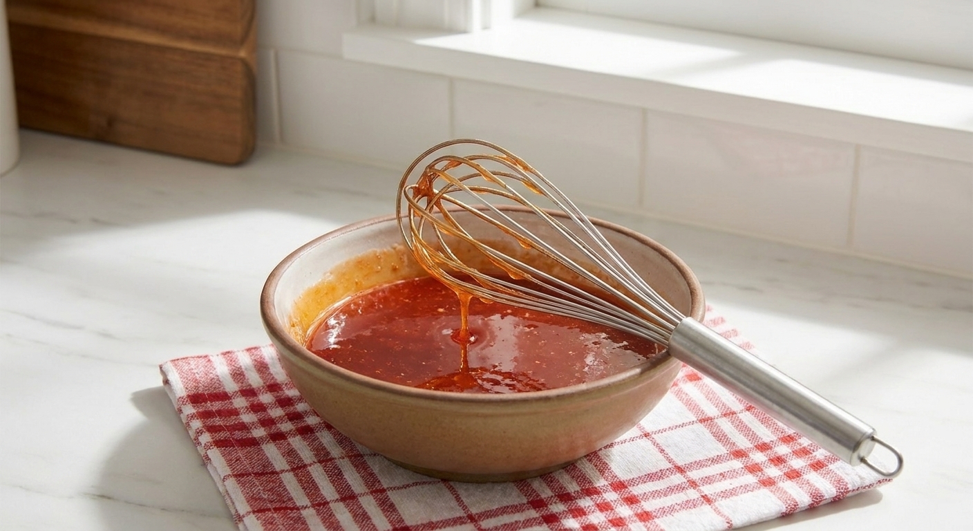 A small bowl of glossy reddish firecracker glaze with a whisk resting inside