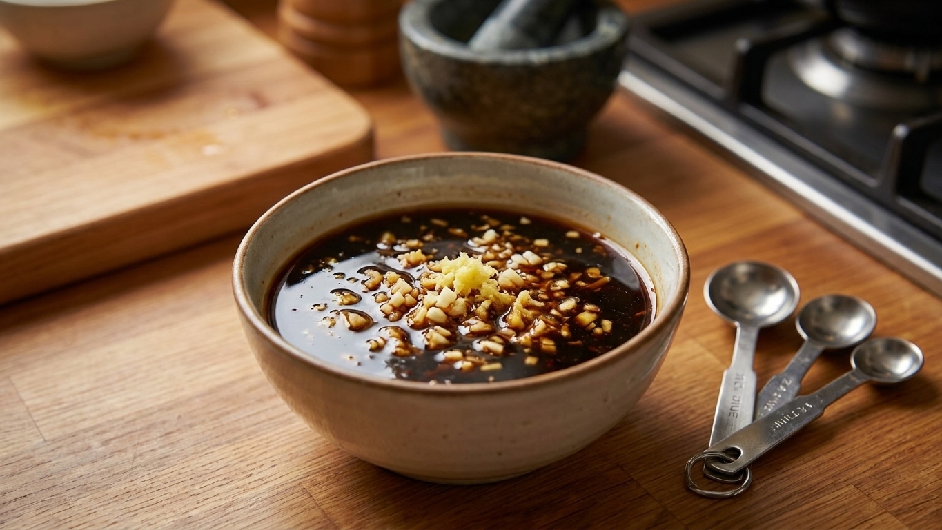 A small bowl of glossy soy-based stir-fry sauce with visible minced garlic and grated ginger on a kitchen counter beside measuring spoons