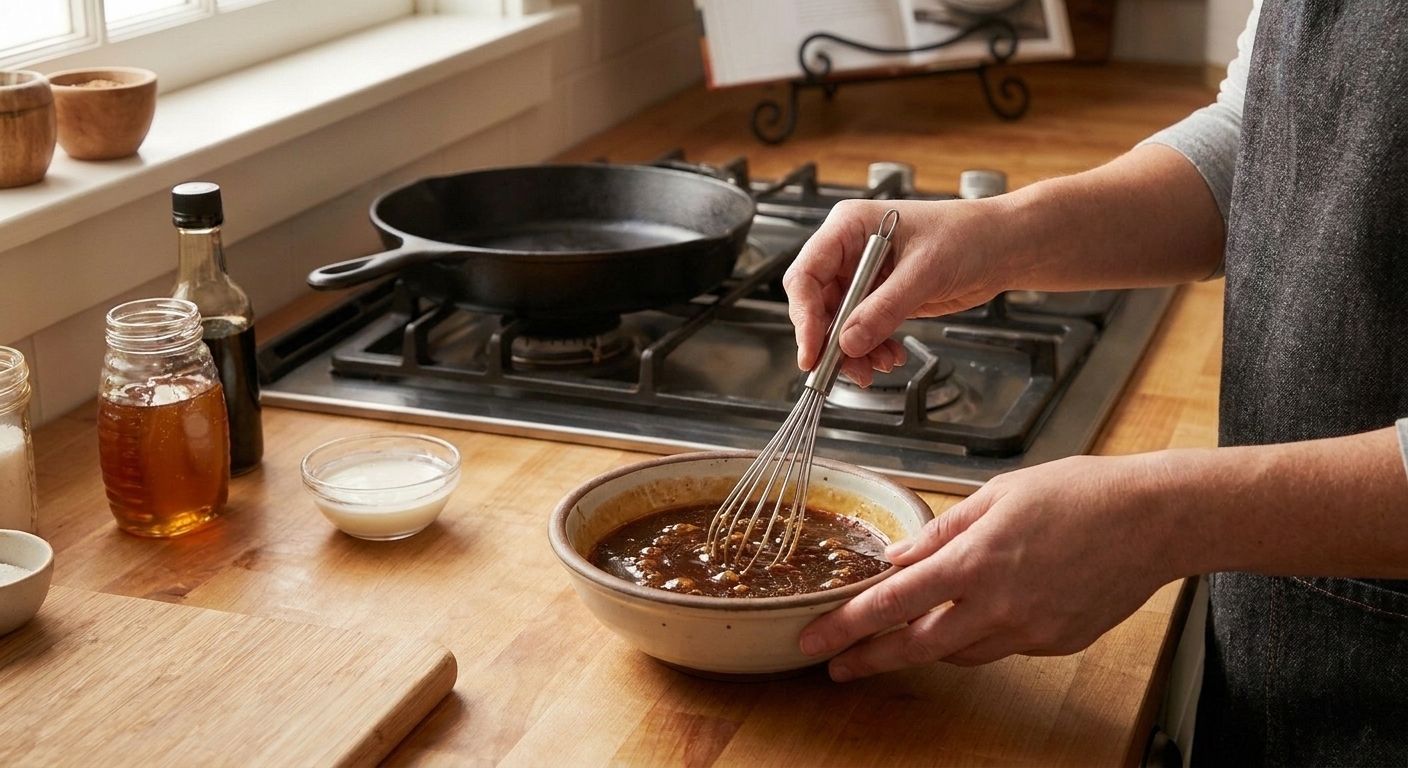 A small bowl of glossy sweet-and-tangy sauce being whisked on a kitchen counter