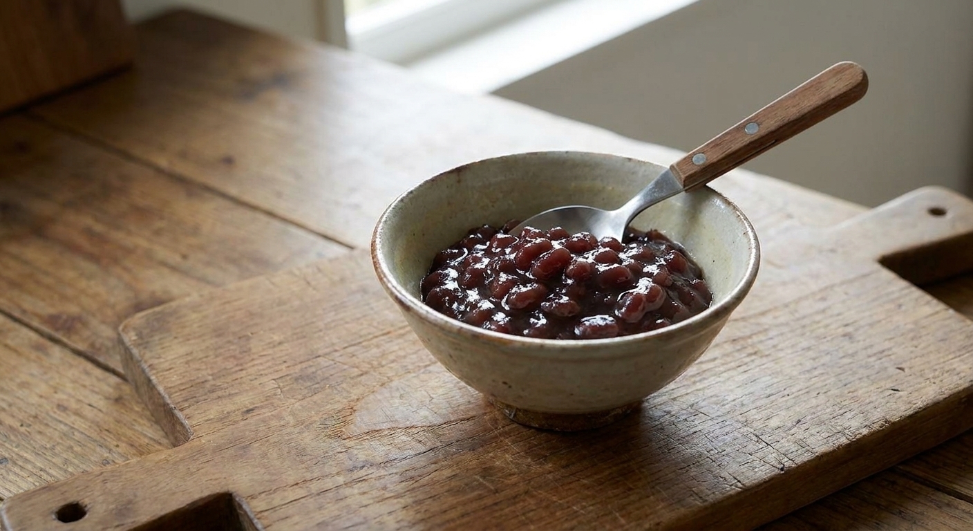 A small bowl of glossy sweet red bean paste with a spoon resting inside on a wooden cutting board