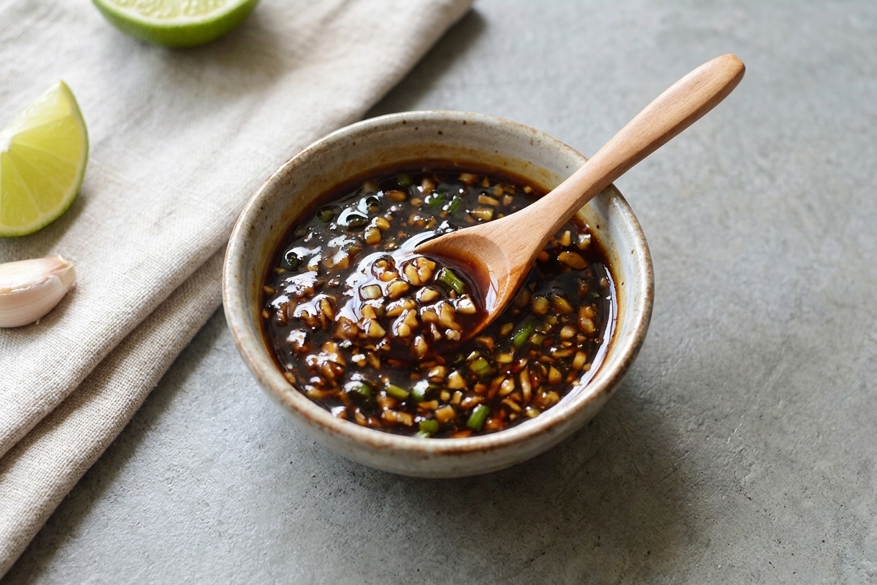 A small bowl of glossy sweet soy lime sauce with minced garlic mixed in