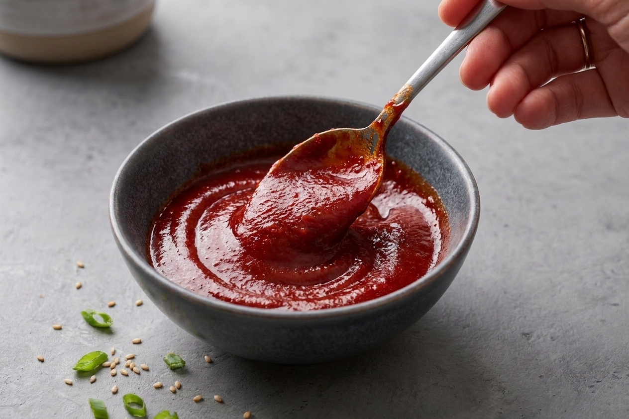 A small bowl of gochujang sauce being stirred with a spoon until smooth on a kitchen counter