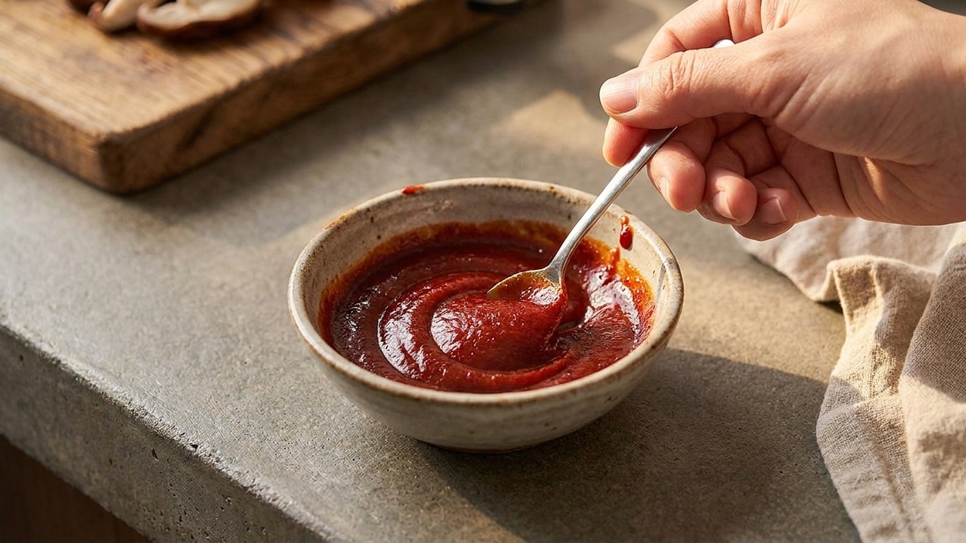 A small bowl of gochujang sauce being whisked with a spoon on a kitchen counter
