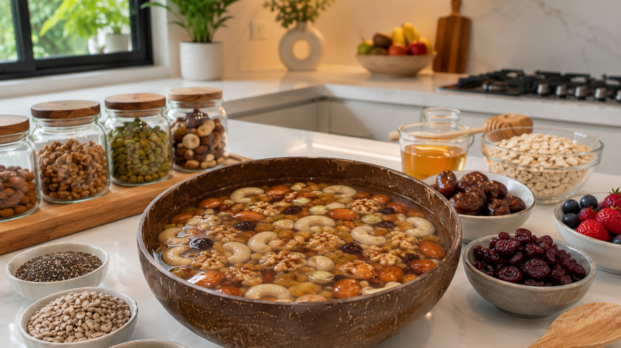 A small bowl of golden raisins and chopped candied orange peel soaking in warm liquid on a kitchen counter