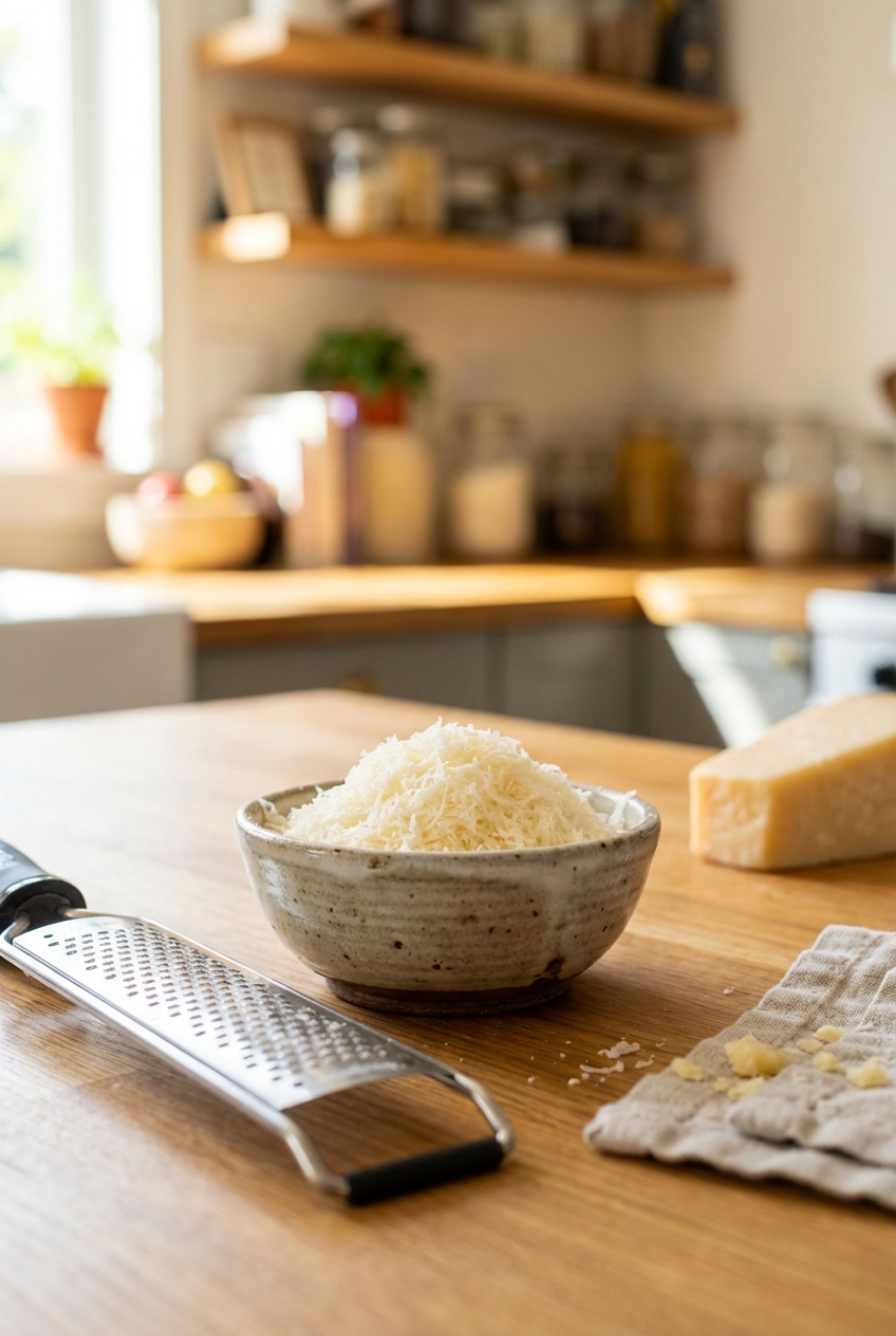 A small bowl of grated Parmesan cheese with a microplane grater next to it