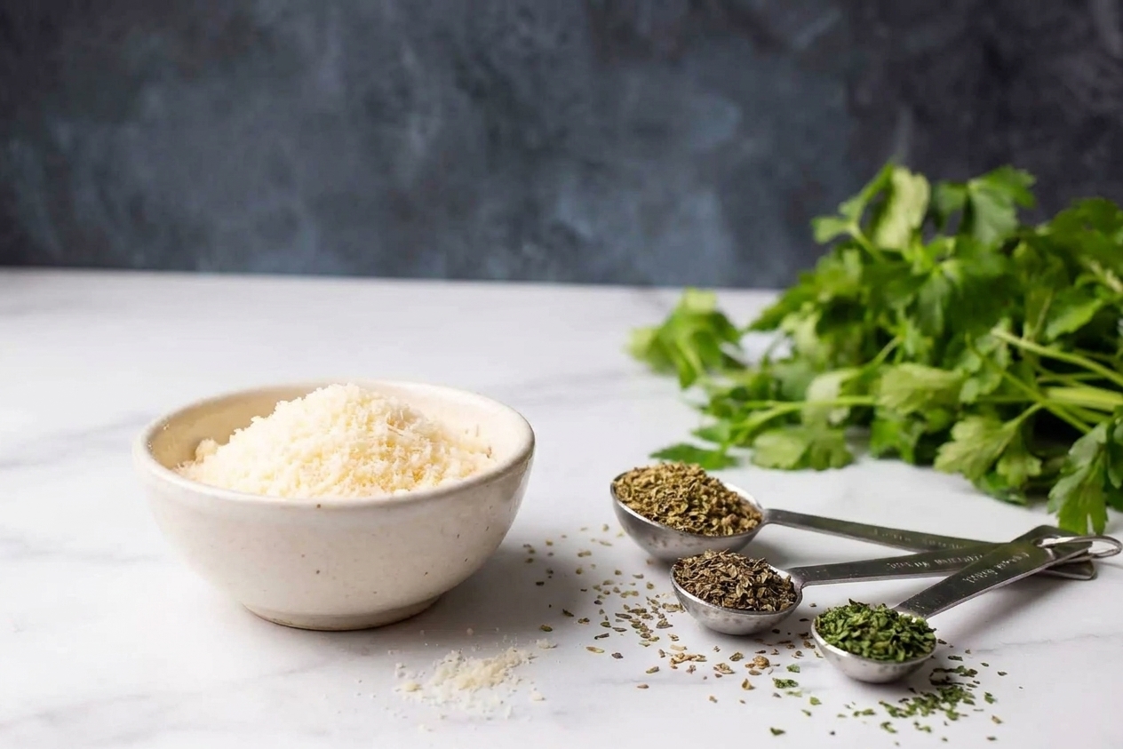 A small bowl of grated Parmesan next to measuring spoons filled with dried oregano, basil, and parsley on a light kitchen counter