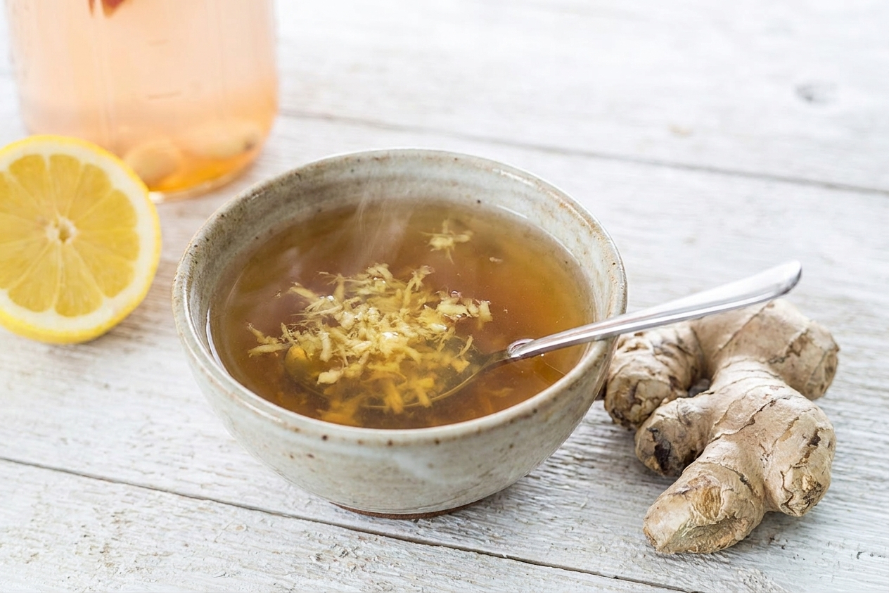 A small bowl of grated ginger steeping in hot water on a kitchen counter