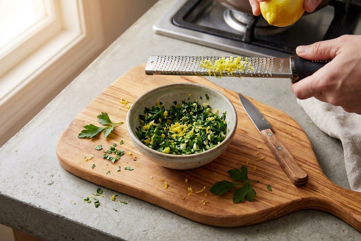 A small bowl of gremolata made from chopped parsley, minced garlic, and lemon zest on a wooden cutting board with a microplane and knife