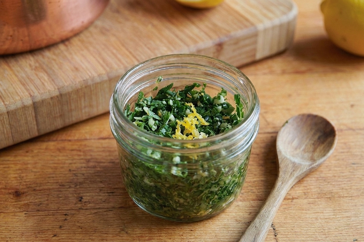 A small bowl of gremolata made with chopped parsley, lemon zest, and minced garlic on a kitchen counter