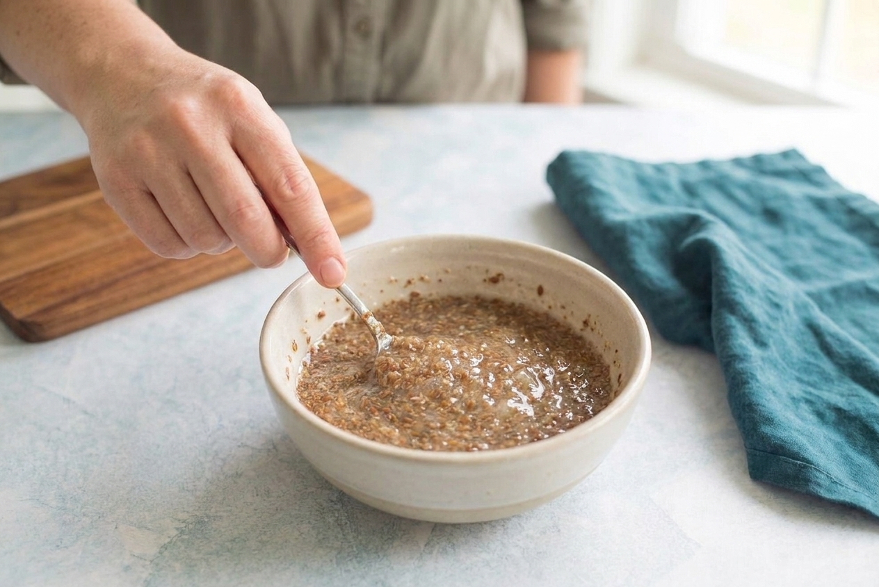 A small bowl of ground flaxseed mixed with water to form a gel on a kitchen counter