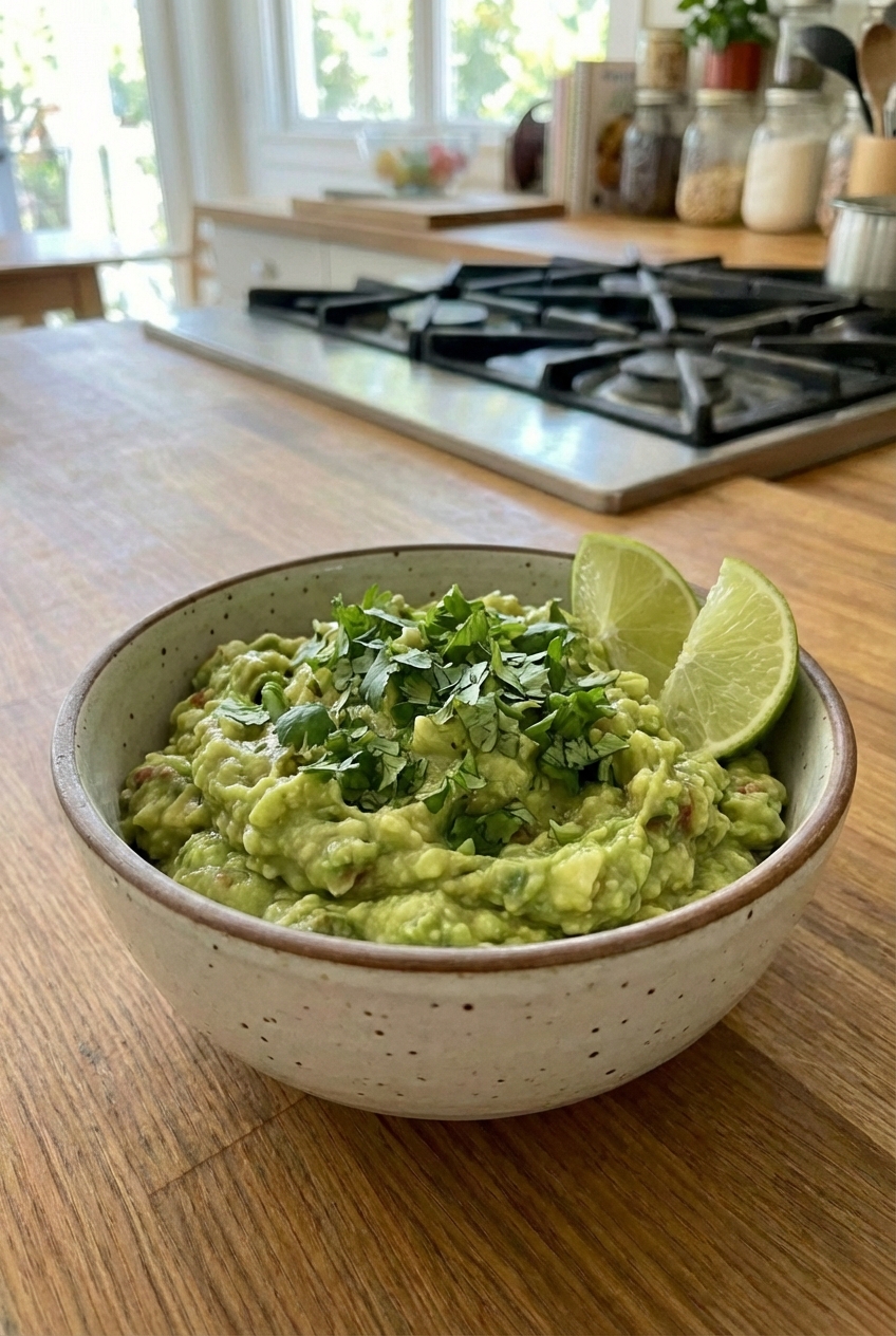 A small bowl of guacamole with lime wedges and cilantro