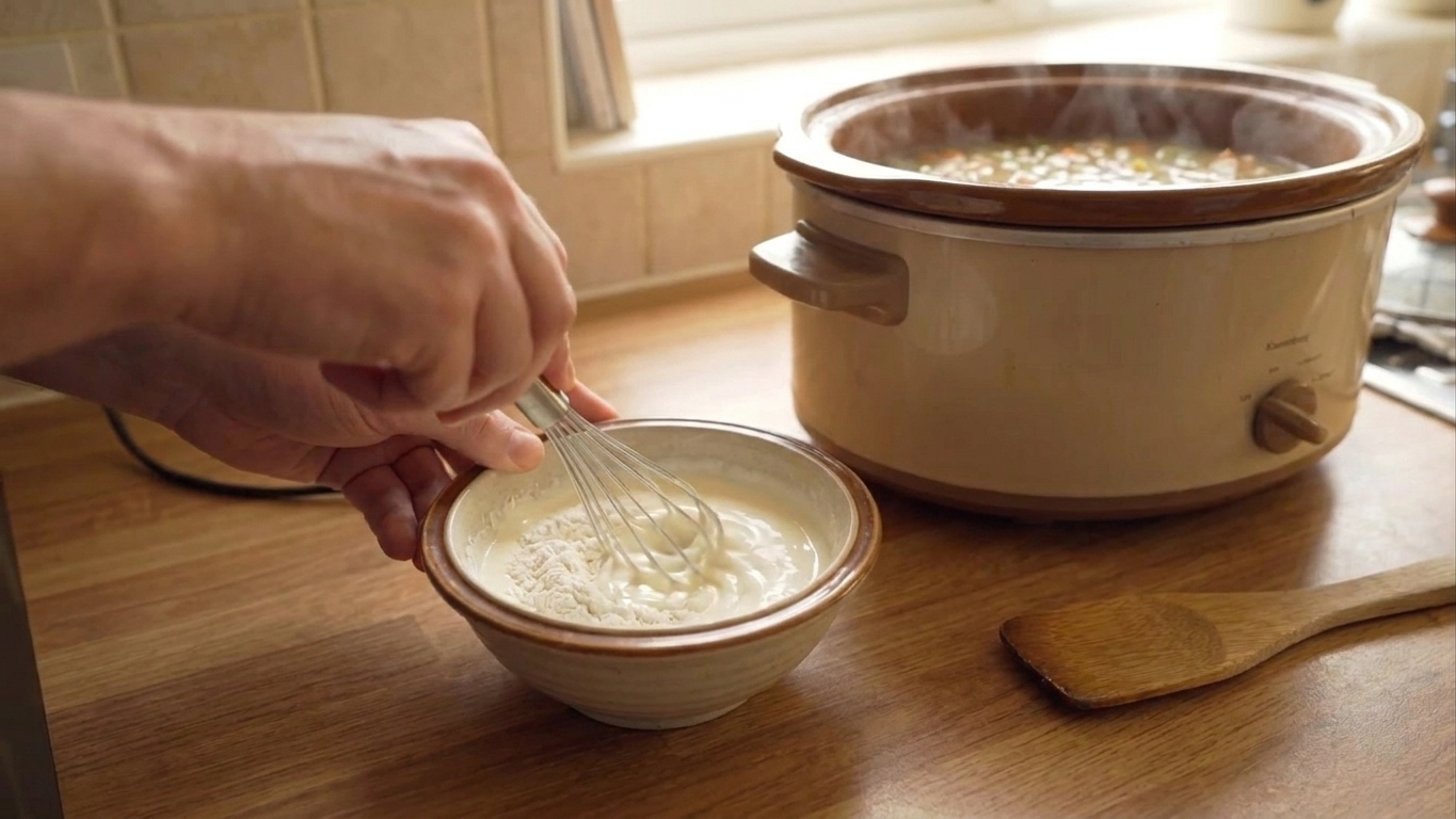 A small bowl of heavy cream and flour being whisked into a smooth slurry on a kitchen counter next to a slow cooker