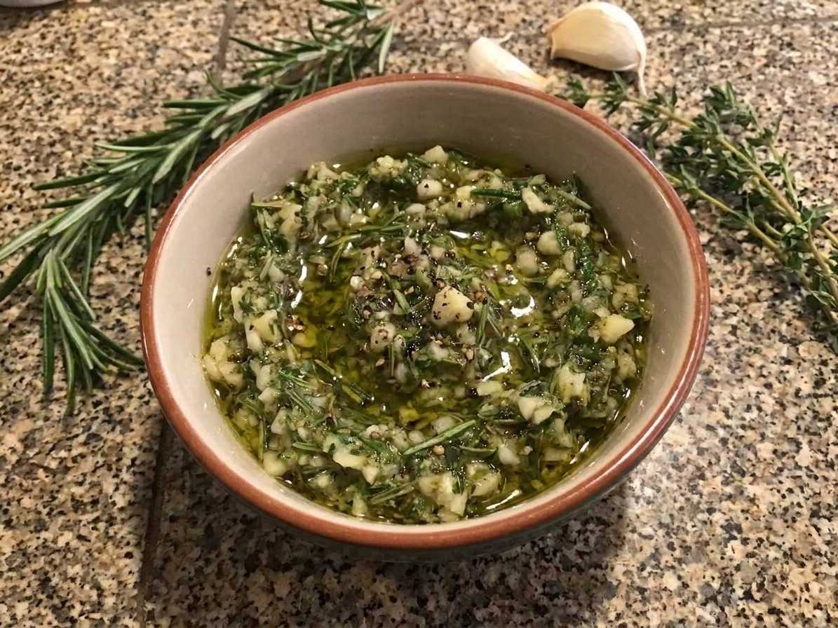 A small bowl of herb-garlic paste made with minced garlic, rosemary, thyme, olive oil, and black pepper on a kitchen counter