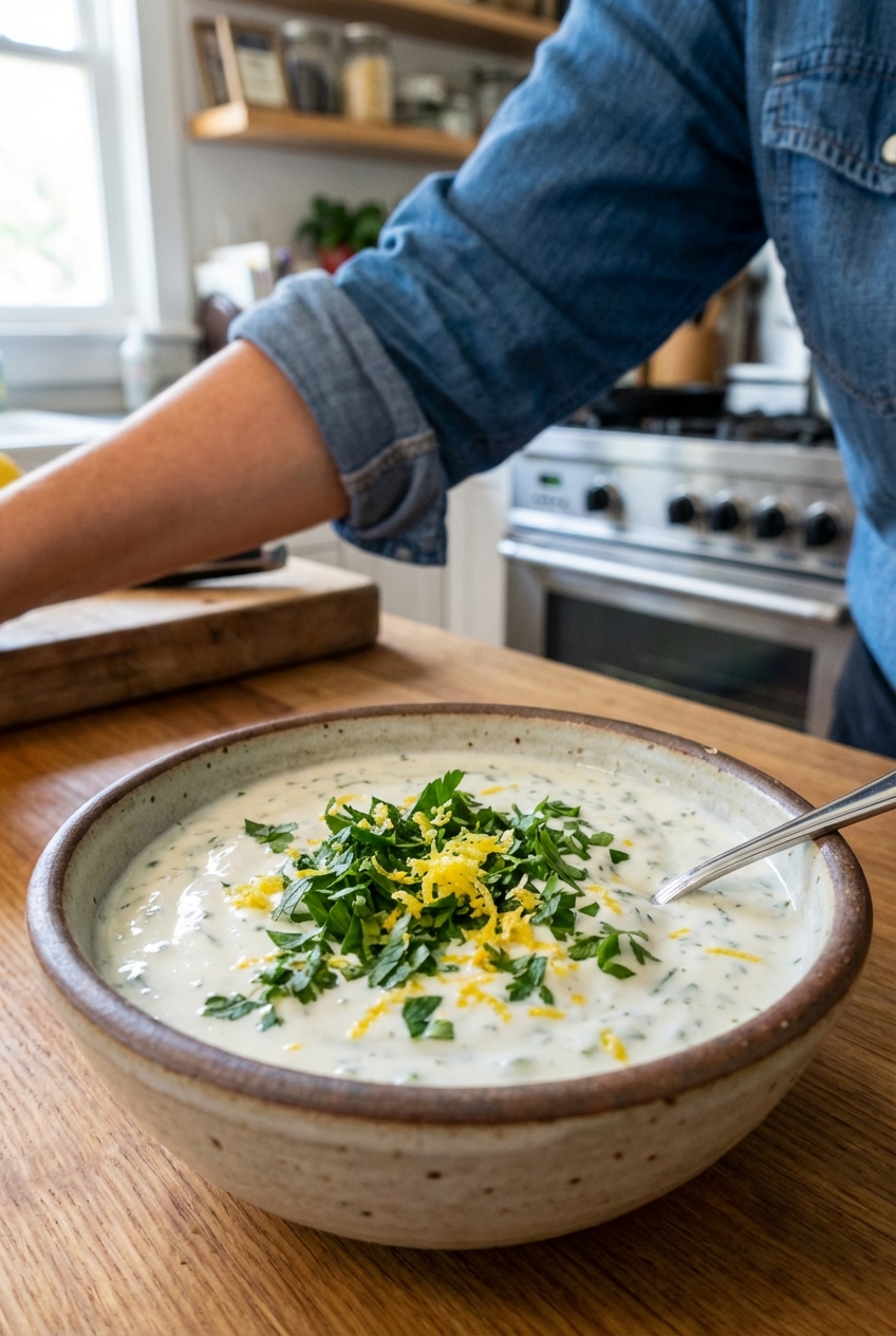 A small bowl of herb yogurt sauce with chopped parsley and lemon zest on a kitchen counter