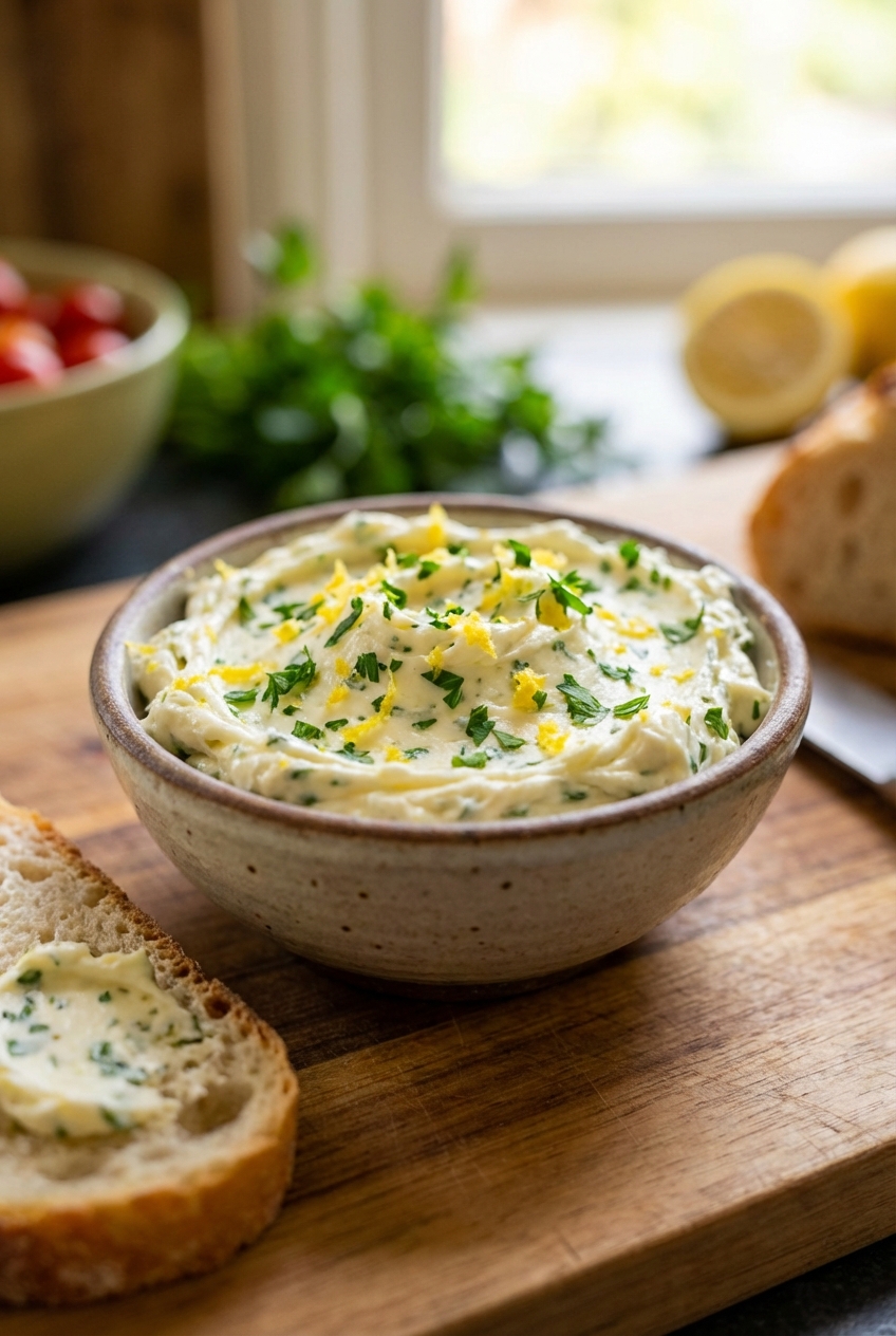 A small bowl of herbed butter with flecks of parsley and lemon zest