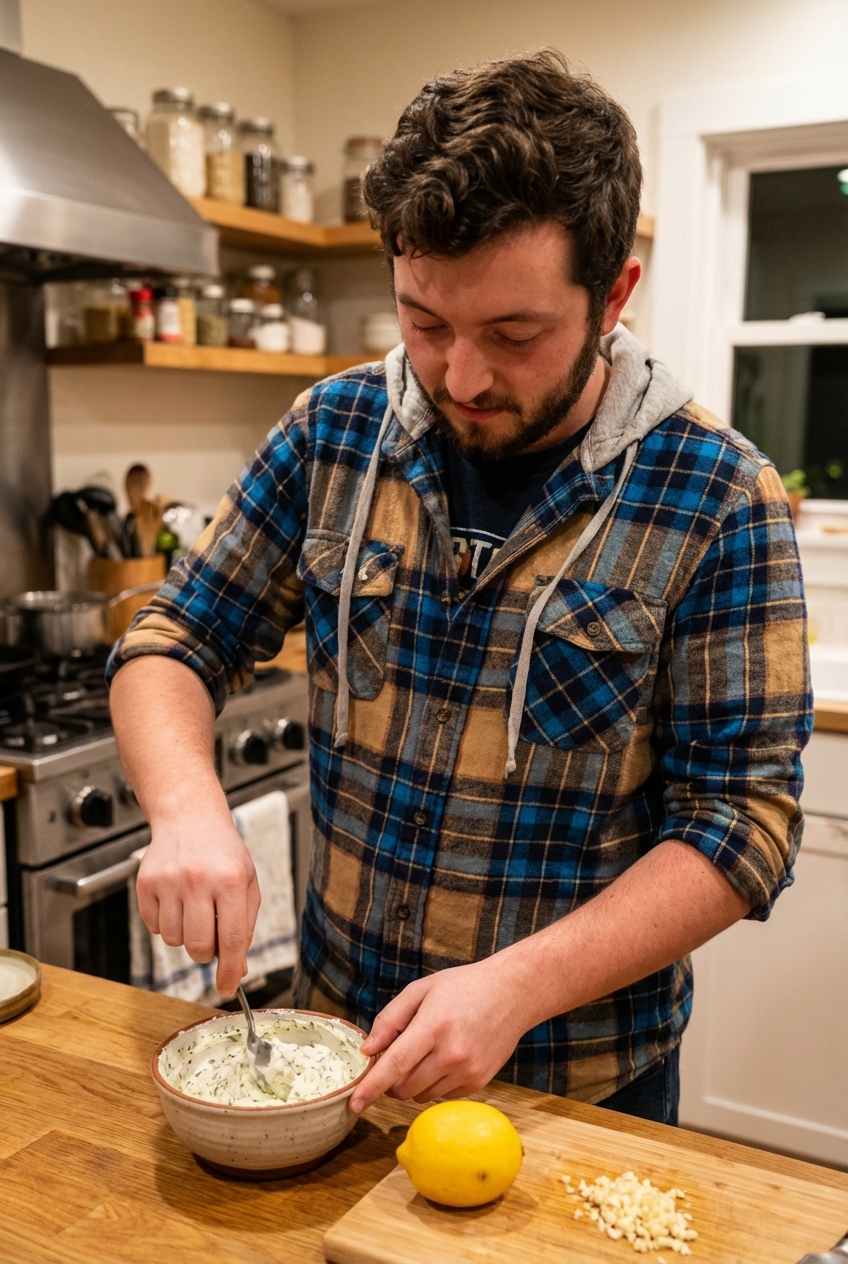 A small bowl of herbed cheese being stirred with a spoon, with a lemon and minced garlic nearby on a kitchen counter