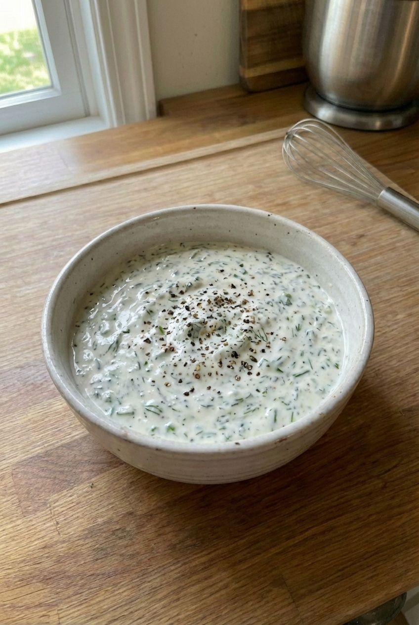 A small bowl of herby ranch-style dip with cracked pepper on top