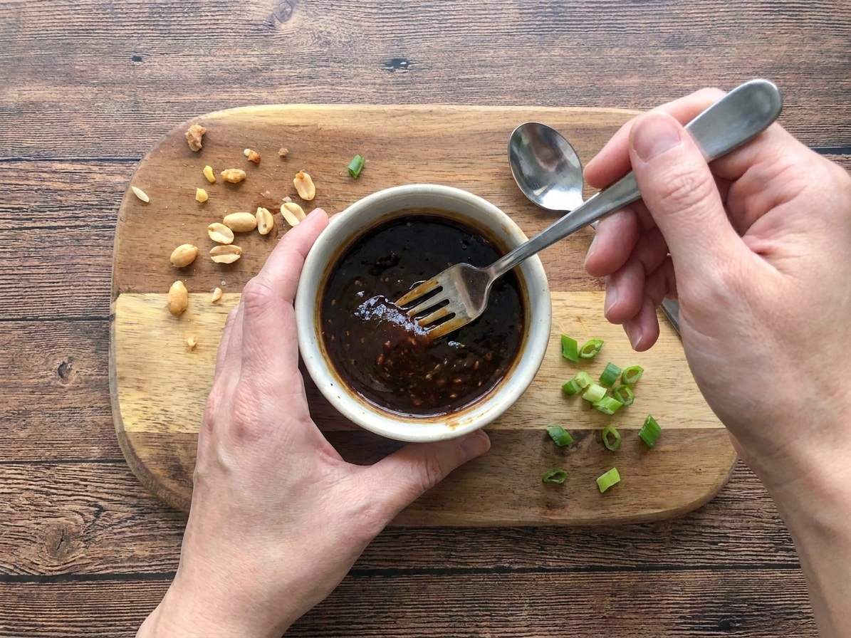 A small bowl of hoisin and soy sauce mixture being whisked with a fork on a wooden cutting board