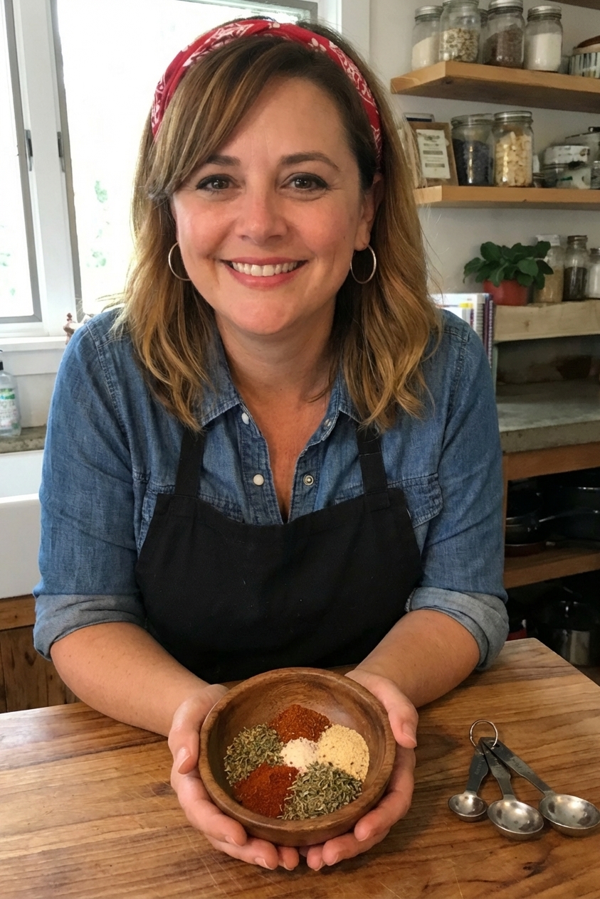 A small bowl of homemade Cajun seasoning blend with paprika, garlic powder, and dried herbs on a wooden counter next to measuring spoons, real kitchen photo